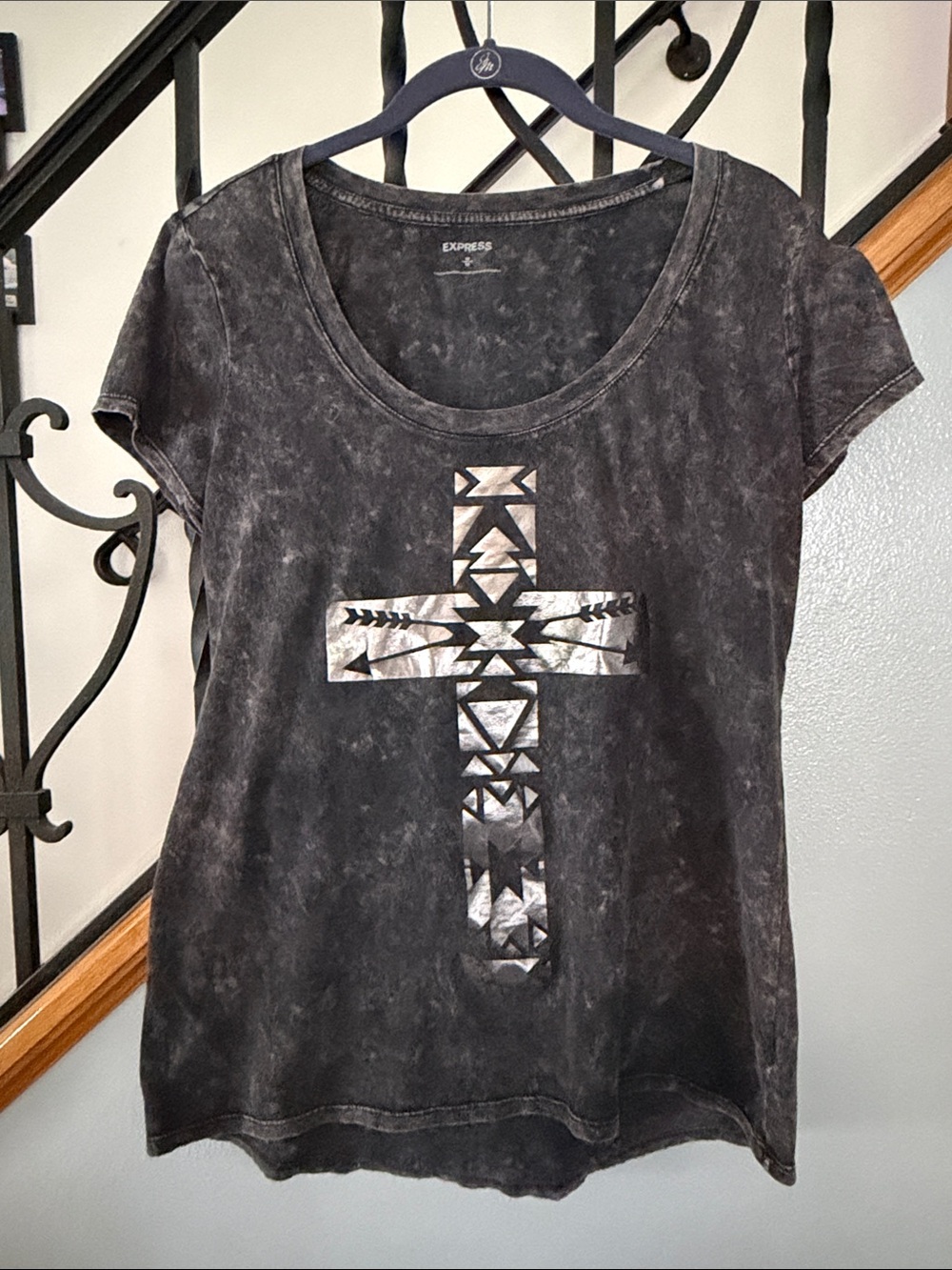 Express Black Mineral-Wash Short Sleeve Tee with Metallic Cross Graphic